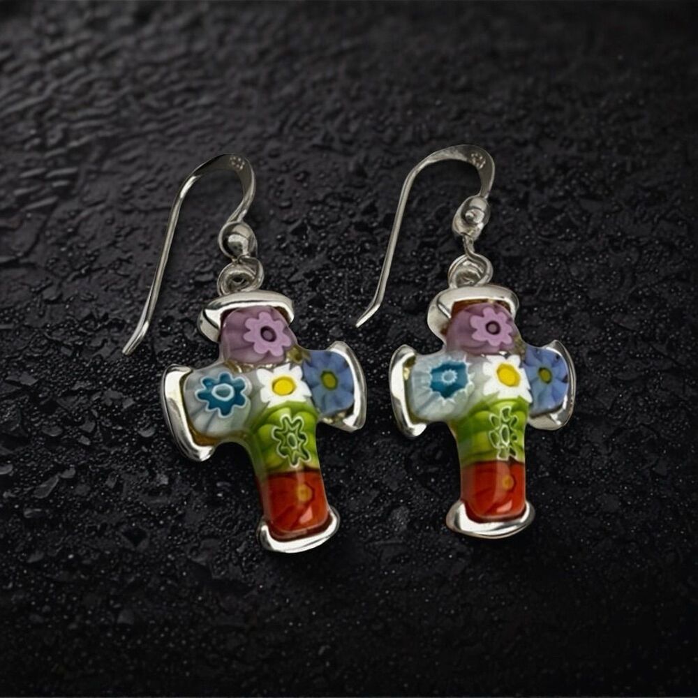 Alan K Millefiori Murano Glass Cross Dangle Earrings Multicolor Floral Design